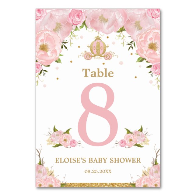 Rosa Blommigt Princess Carriage Girl Baby Shower Bordsnummer (Framsidan)