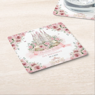 Rosa Blommigt Princess Castle Storybook Bok Underlägg Papper Kvadrat