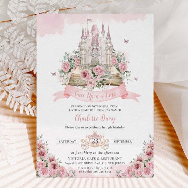  Rosa Blommigt Princess Castle Storybook Inbjudningar (Skapare uppladdad)