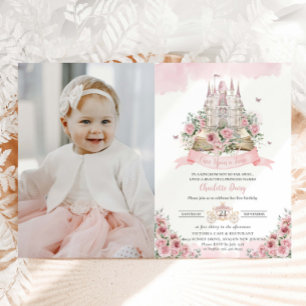 Rosa Blommigt Princess Castle Storybook Photo Inbjudningar