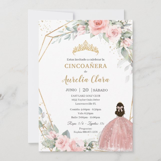  Rosa Blommigt Princess Cincoañera 5:e födelsedage Inbjudningar (Framsida)