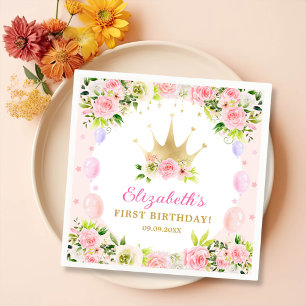 Rosa Blommigt Princess Krona 1:a födelsedag Pappersservett
