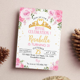 Rosa Blommigt Princess Krona Birthday bjudande Inbjudningar