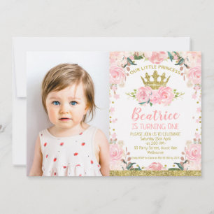 Rosa Blommigt Princess Krona Photo 1st Birthday Inbjudningar