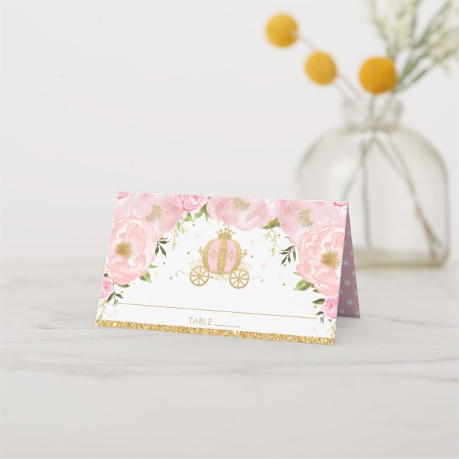 Rosa Blommigt Princess Pumpkin Carriage Guest Namn Placeringskort (Framsida)