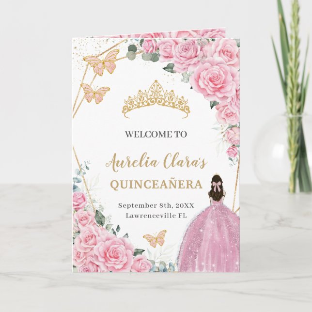 Rosa Blommigt Princess Quinceañera Order of Events Program (Framsida)