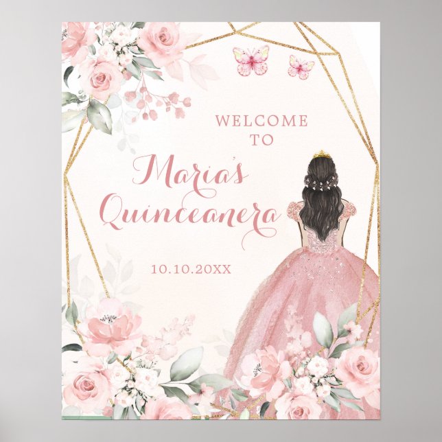  Rosa Blommigt Princess Quinceañera Välkommen Poster (Framsidan)