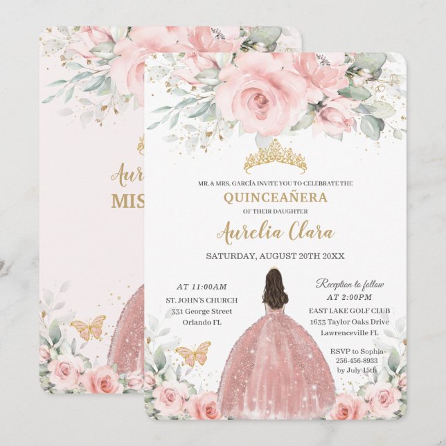  Rosa Blommigt Princess Ro Guld Quinceañera I Inbjudningar (Fram/baksida)