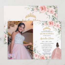  Rosa Blommigt Princess Ro Guld Quinceañera Inbjudningar