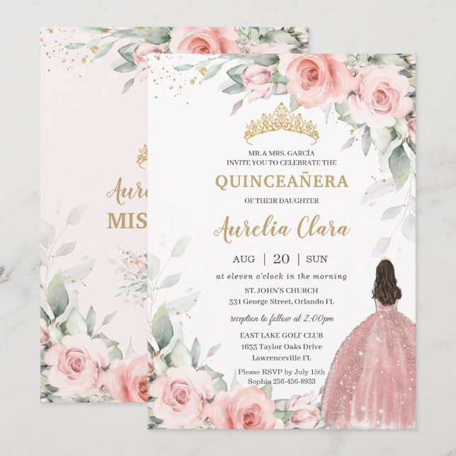  Rosa Blommigt Princess Ro Guld Quinceañera Inbjudningar (Fram/baksida)