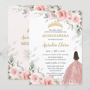  Rosa Blommigt Princess Ro Guld Quinceañera Inbjudningar