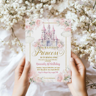 Rosa Blommigt Princess Royal Castle 1:a födelsedag Inbjudningar