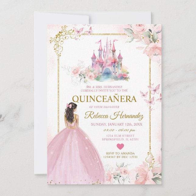 Rosa Blommigt Princess Royal Castle Guld Quinceañe Inbjudningar (Framsida)