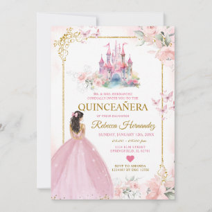 Rosa Blommigt Princess Royal Castle Guld Quinceañe Inbjudningar