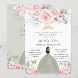  Rosa Blommigt Princess Sage Grönt Quinceañera Inbjudningar
