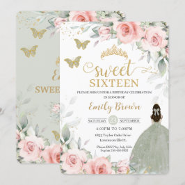 Rosa Blommigt Princess Sage Grönt Sweet sixteen Inbjudningar