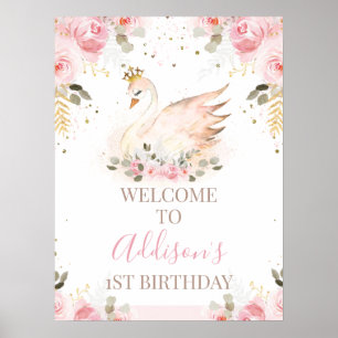 Rosa Blommigt Princess Svan Birthday Välkomstskylt Poster