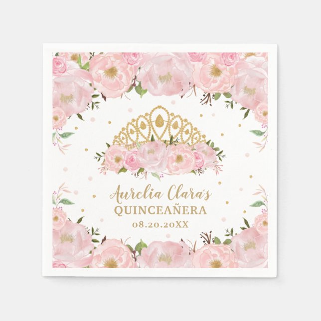  Rosa Blommigt Princess Tiara Krona QUINCEAÑERA Pappersservett (Framsidan)