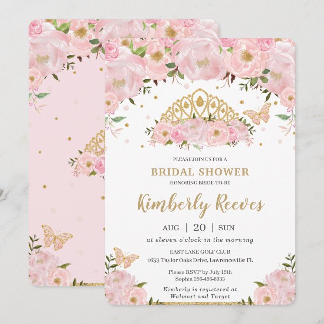  Rosa Blommigt Princess Tiara Möhippa Inbjudningar (Fram/baksida)