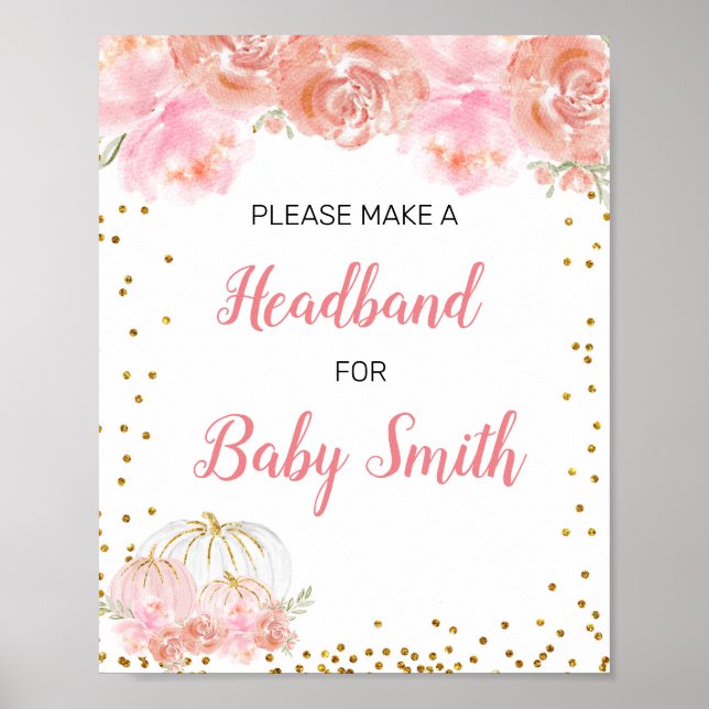 Rosa blommigt pumpkin Baby Shower Headband Station Poster (Framsidan)