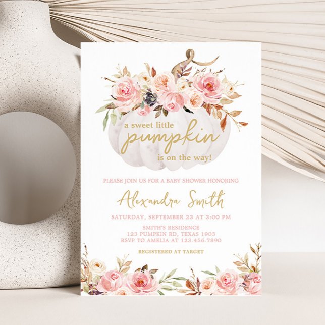 Rosa Blommigt Pumpkin Baby Shower Inbjudningar (White Pumpkin Pink Floral Baby Shower Invitation)
