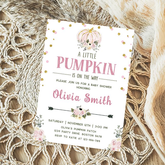 Rosa Blommigt Pumpkin Fall Baby Shower-inbjudan Inbjudningar (Skapare uppladdad)