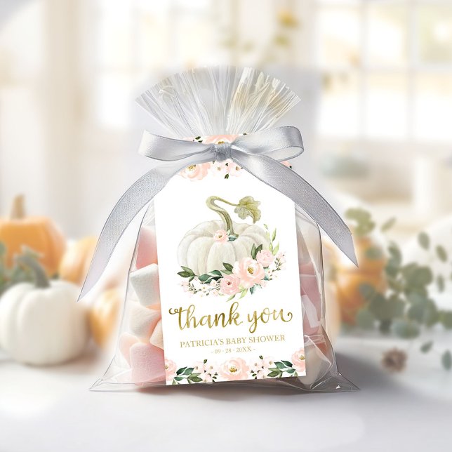 Rosa Blommigt Pumpkin Fall Baby Shower Tack Presentetikett (Skapare uppladdad)