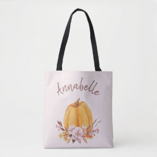 Rosa Blommigt Pumpkin Fall Hösten Namn Tygkasse