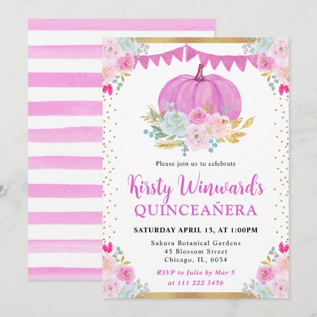 Rosa Blommigt Pumpkin Fall Quinceanera Inbjudningar (Fram/baksida)