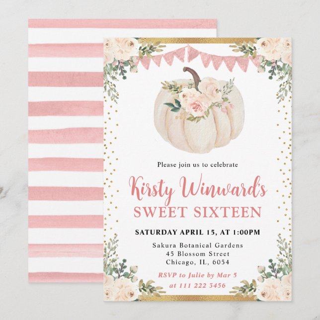 Rosa Blommigt Pumpkin Fall Sweet 16 Inbjudningar (Fram/baksida)