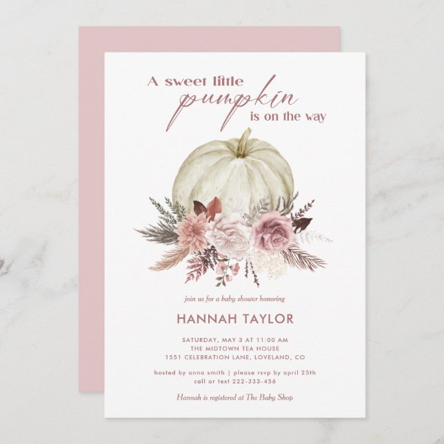 Rosa Blommigt Pumpkin Girl Baby Shower Inbjudningar (Fram/baksida)