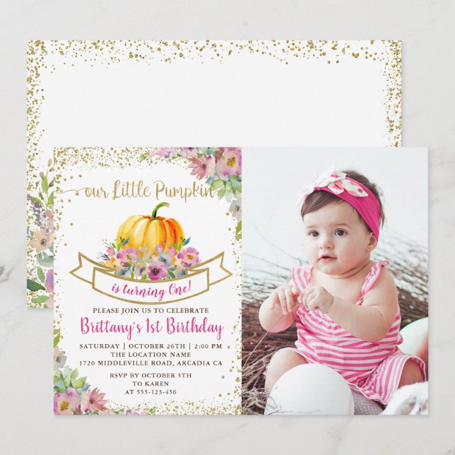 Rosa Blommigt Pumpkin Glitter Girl Birthday Photo Inbjudningar (Fram/baksida)