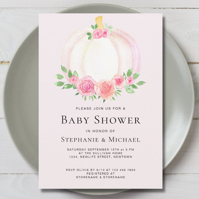 Rosa Blommigt Pumpkin Par Baby Shower Inbjudningar (Skapare uppladdad)