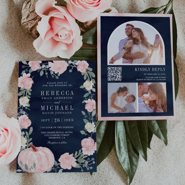  Rosa Blommigt Pumpkin QR Code Navy Bröllop Inbjudningar (Skapare uppladdad)