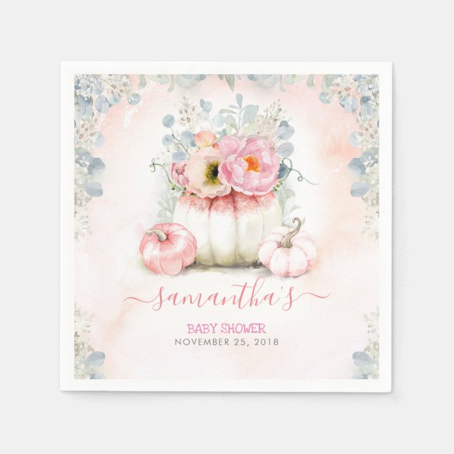  Rosa Blommigt Pumpkins Fall Baby Shower Pappersservett (Framsidan)
