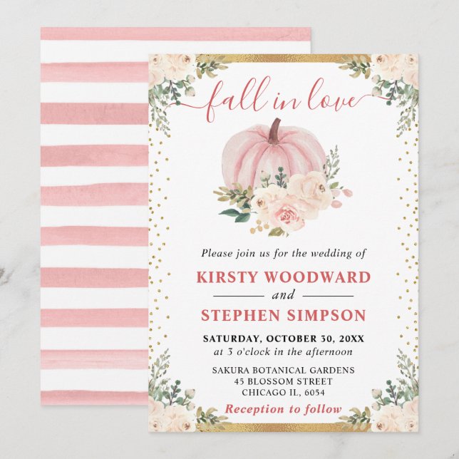  Rosa Blommigt Pumpkins Fall Wedding Inbjudningar (Fram/baksida)