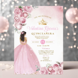 Rosa Blommigt Quinceañera 15 Anos Flowers Guld Kro Inbjudningar