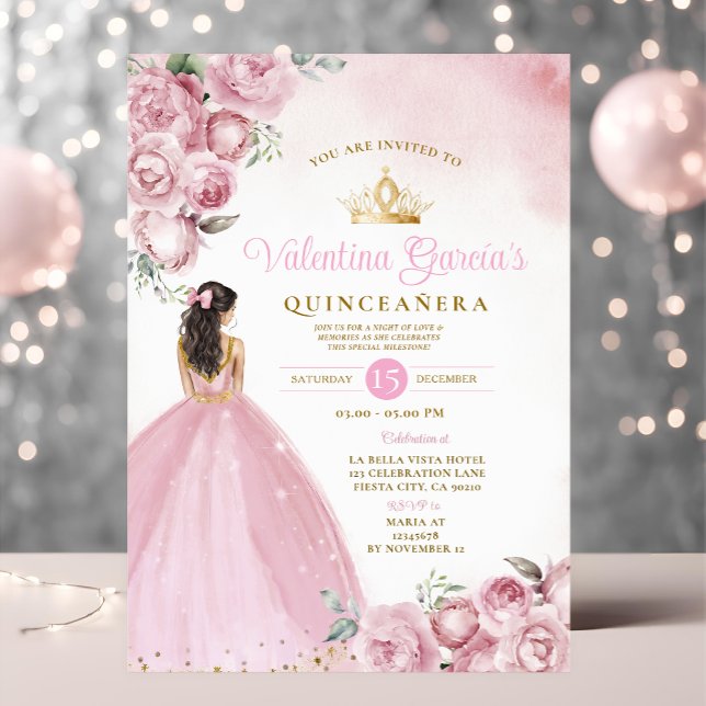 Rosa Blommigt Quinceañera 15 Anos Flowers Guld Kro Inbjudningar (Skapare uppladdad)