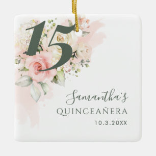 Rosa Blommigt Quinceanera 15:e födelsedagen Botani Julgransprydnad Keramik