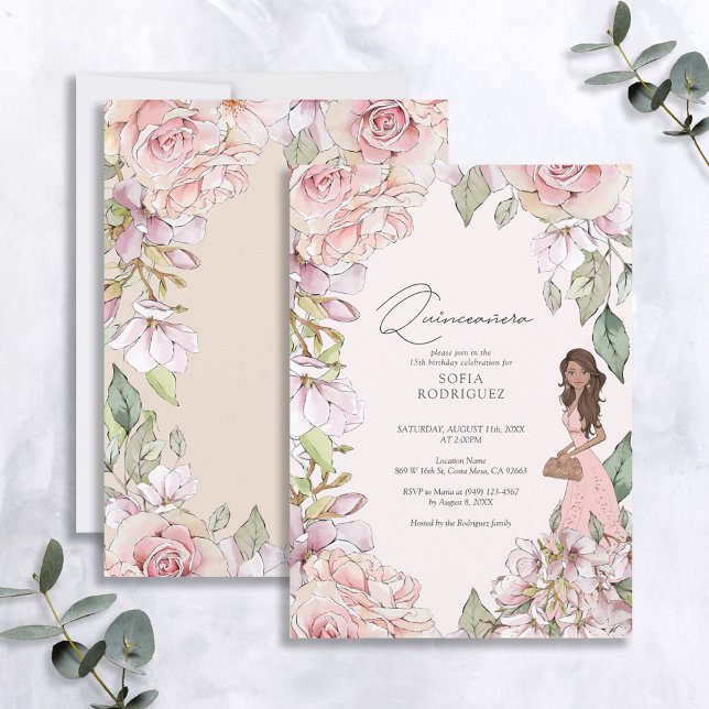  Rosa Blommigt Quinceañera 15:e födelsedagen Inbjudningar (Skapare uppladdad)