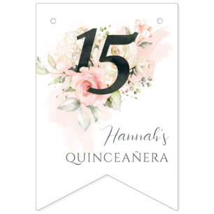 Rosa Blommigt Quinceanera 15:e Födelsedagsfesten Vimplar