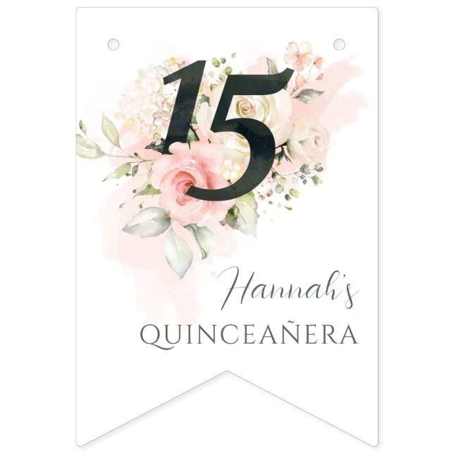 Rosa Blommigt Quinceanera 15:e Födelsedagsfesten Vimplar (Första flaggan)