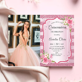 Rosa Blommigt Quinceañera Birthday Photo Inbjudningar