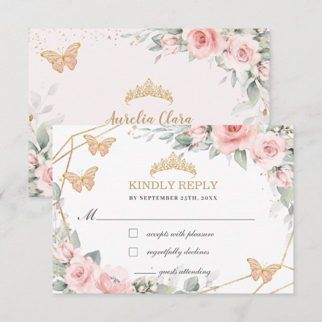  Rosa Blommigt Quinceañera Butterflies Reply OSA Kort (Fram/baksida)