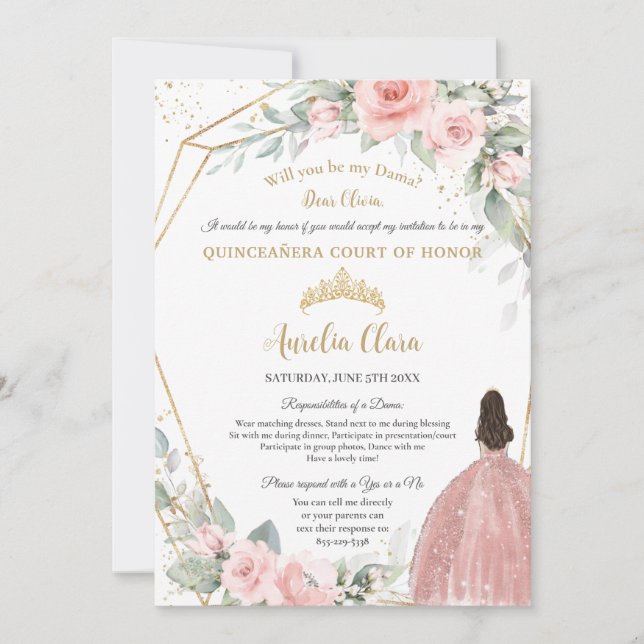  Rosa Blommigt Quinceañera Dama Frieri Inbjudningar (Framsida)