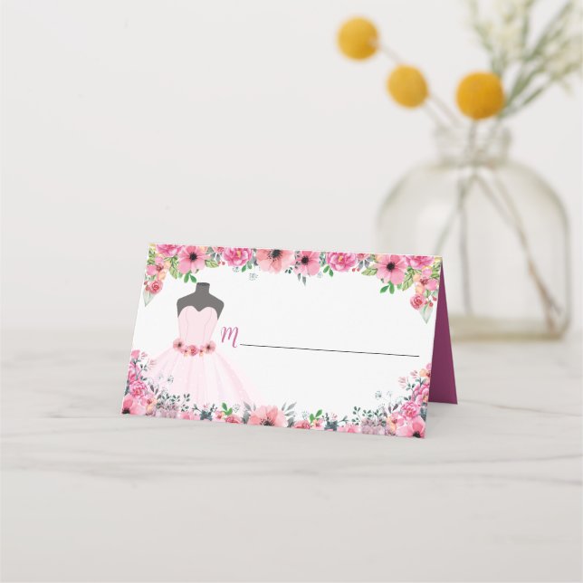 Rosa Blommigt Quinceanera Dress Party Blank Placeringskort (Framsida)