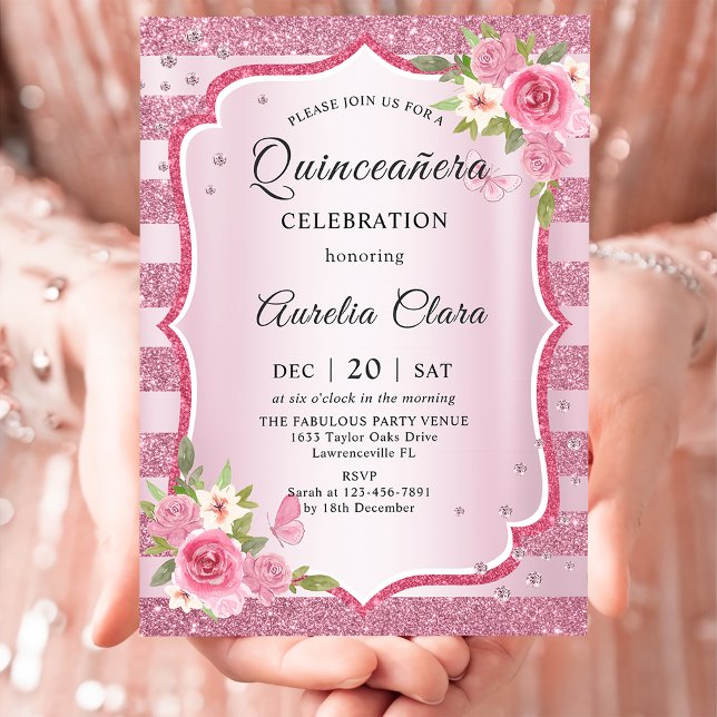 Rosa Blommigt Quinceañera-födelsedag Inbjudningar (Skapare uppladdad)