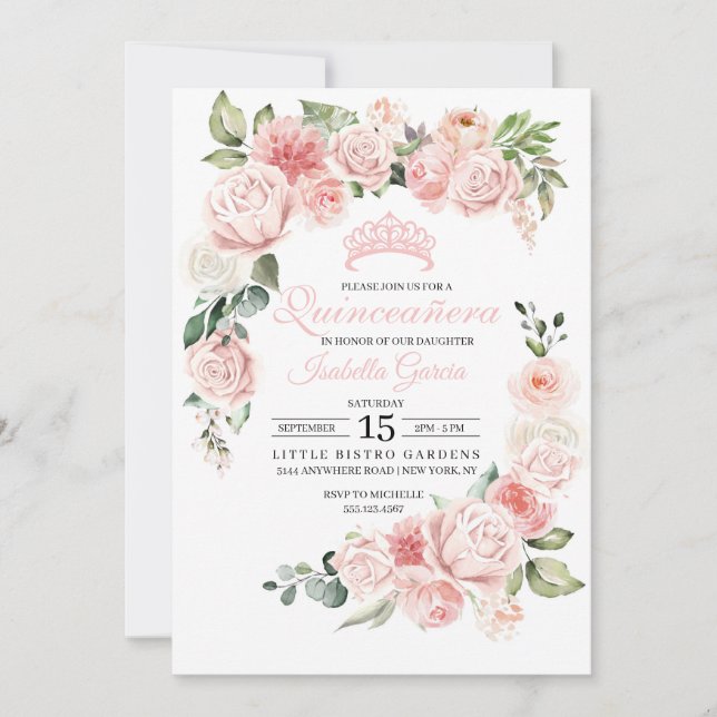 Rosa Blommigt Quinceanera Födelsedagsinbjudan Inbjudningar (Framsida)
