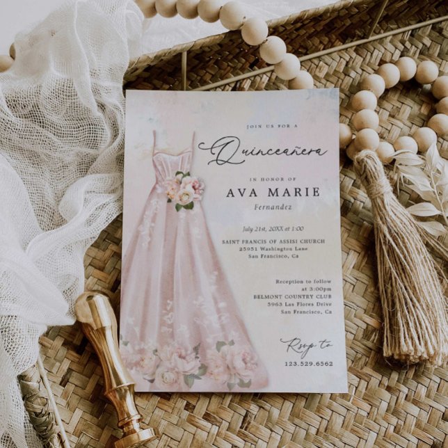  Rosa Blommigt Quinceañera Födelsedagsinbjudan Inbjudningar (Skapare uppladdad)