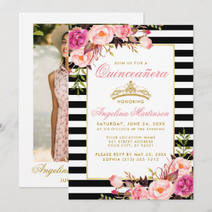 Rosa Blommigt Quinceanera Guld Krona stripe Foto Inbjudningar
